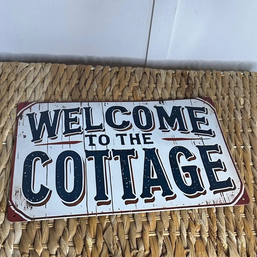 Rustic Welcome‎ to the Cottage Sign - Blue and White. Metal